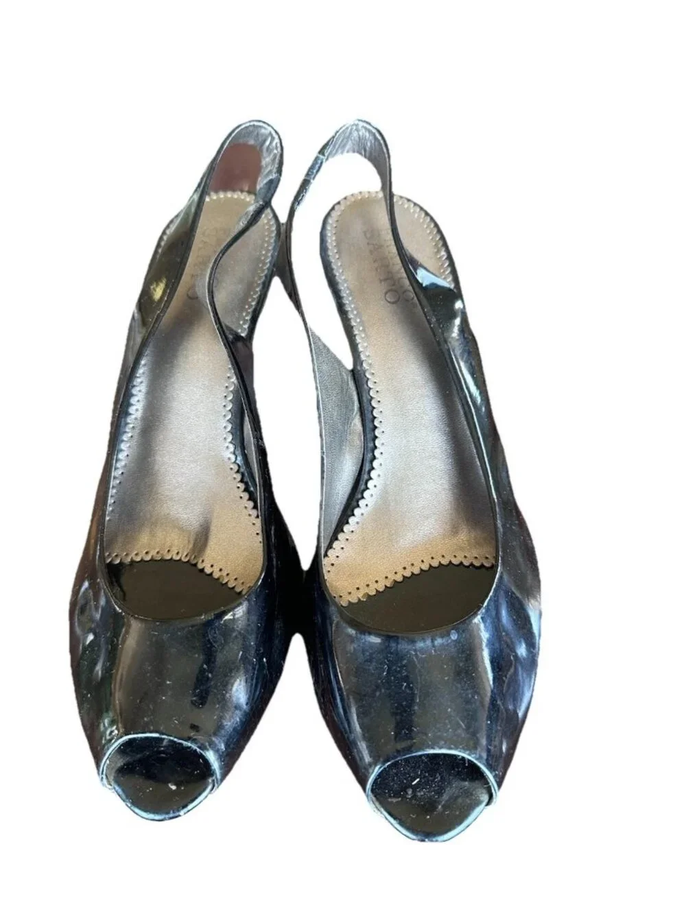 FRANCO SARTO Women Black Slingback Heel Sz 6.5 Peep Toe Patent Leather